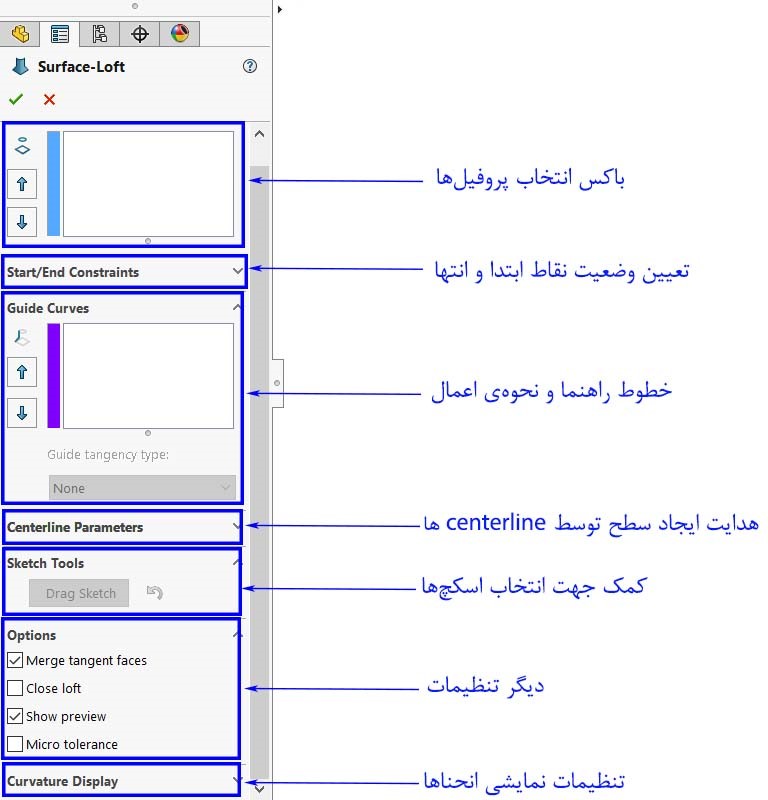 تنظیمات موجود در Property manager دستور Lofted Surface در نرم‌افزار سالیدورک